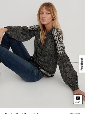 Lucky Brand Black and White Paisley Print Peasant Blouse
